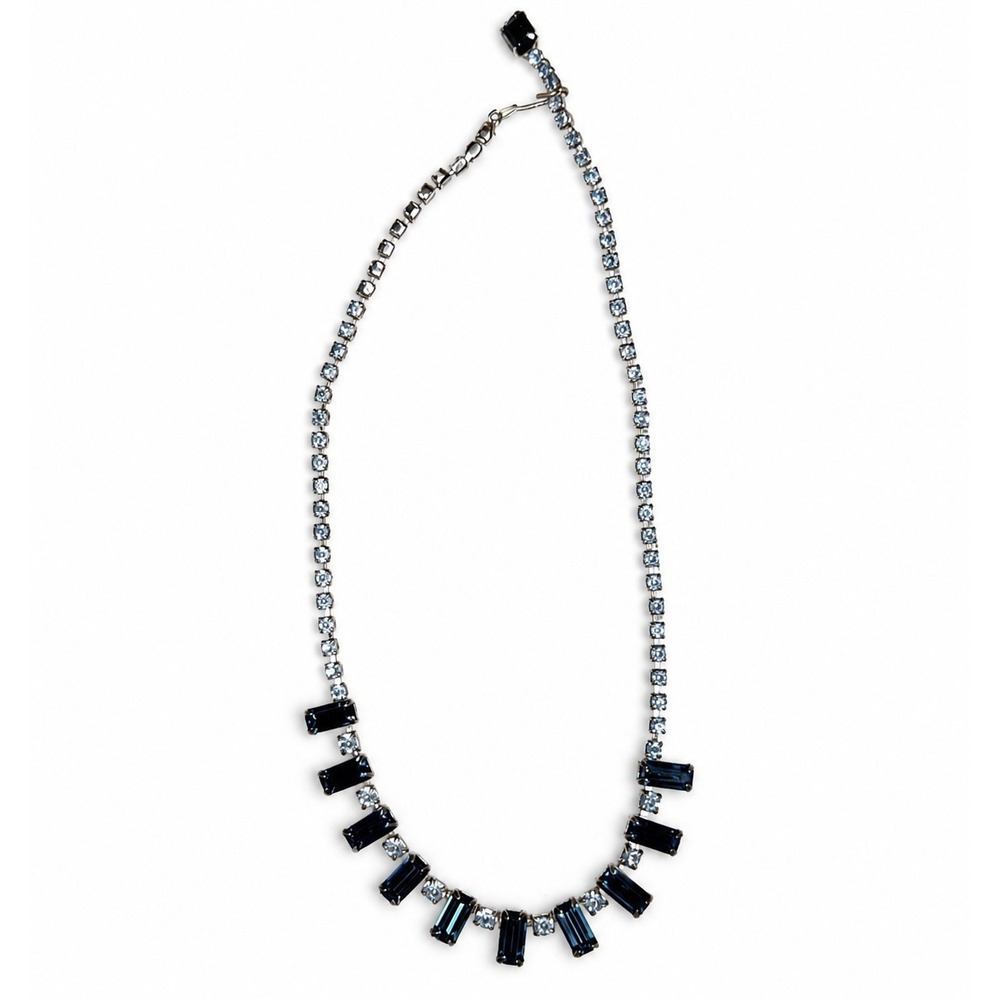 Blue Rhinestone Statement Tennis Necklace Emerald Cut Bib 17in Hook Silver Tone
